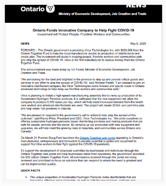 ONTARIO SUPPORTS VIROX® TECHNOLOGIES INC. TO HELP FIGHT COVID-19