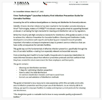 VIROX® TECHNOLOGIES LAUNCHES INDUSTRY-FIRST INFECTION PREVENTION GUIDE FOR CANNABIS FACILITIES