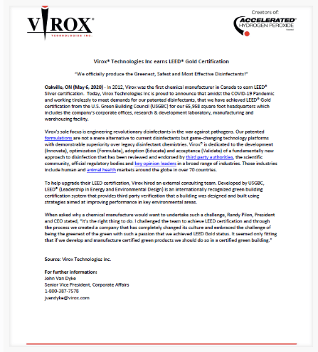 VIROX® TECHNOLOGIES EARNS LEED® GOLD CERTIFICATION