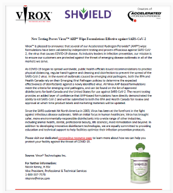 NEW TESTING PROVES VIROX® DISINFECTANTS HIGHLY EFFECTIVE AGAINST SARS-CoV-2