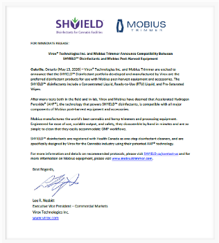 VIROX® TECHNOLOGIES AND MOBIUS TRIMMER ANNOUNCE COMPATIBILITY BETWEEN SHYIELD™ DISINFECTANTS AND MOBIUS POST-HARVEST EQUIPMENT